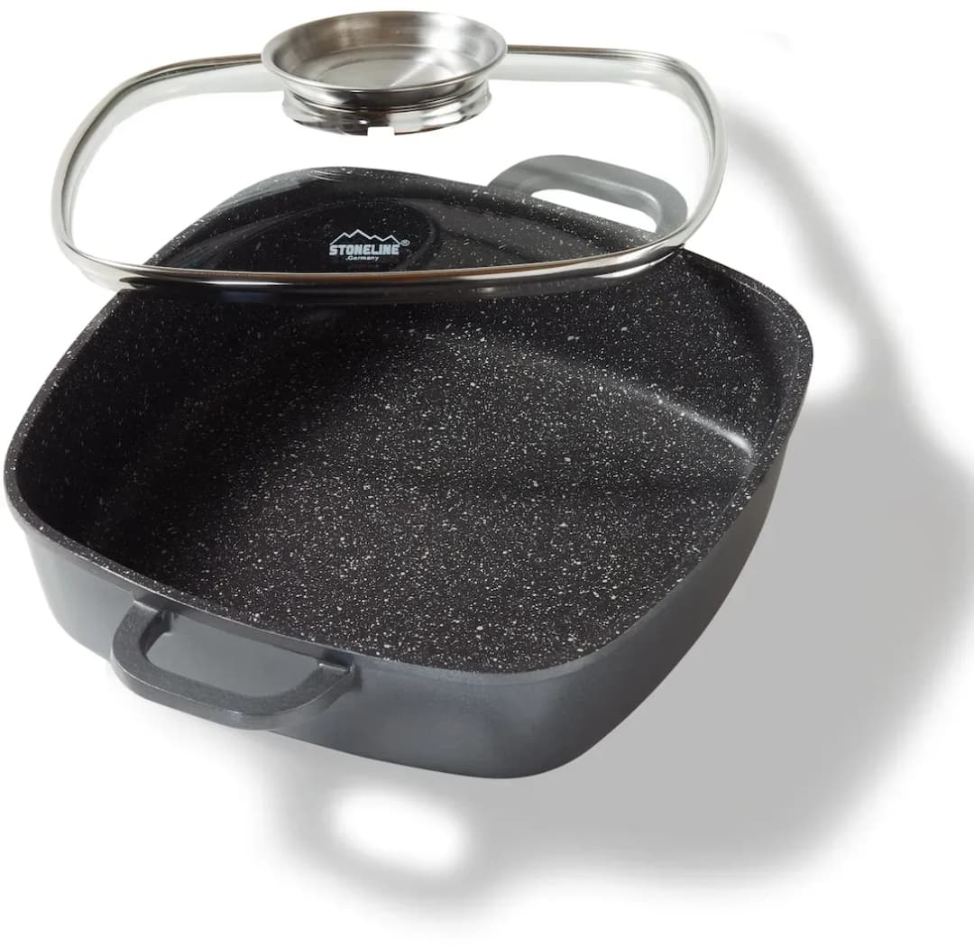 Eckpfanne 28 x 28 cm grau mit Aroma-Glasdeckel