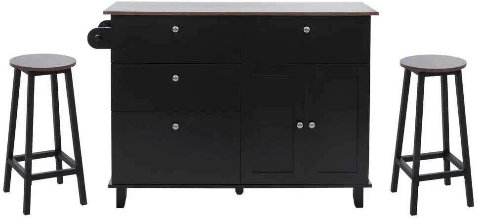 Kücheninsel MCW-P62 mit 2 Sitzhockern, Küchenschrank Schublade Staufächer MDF 90x131x47cm schwarz, dunkles Holz
