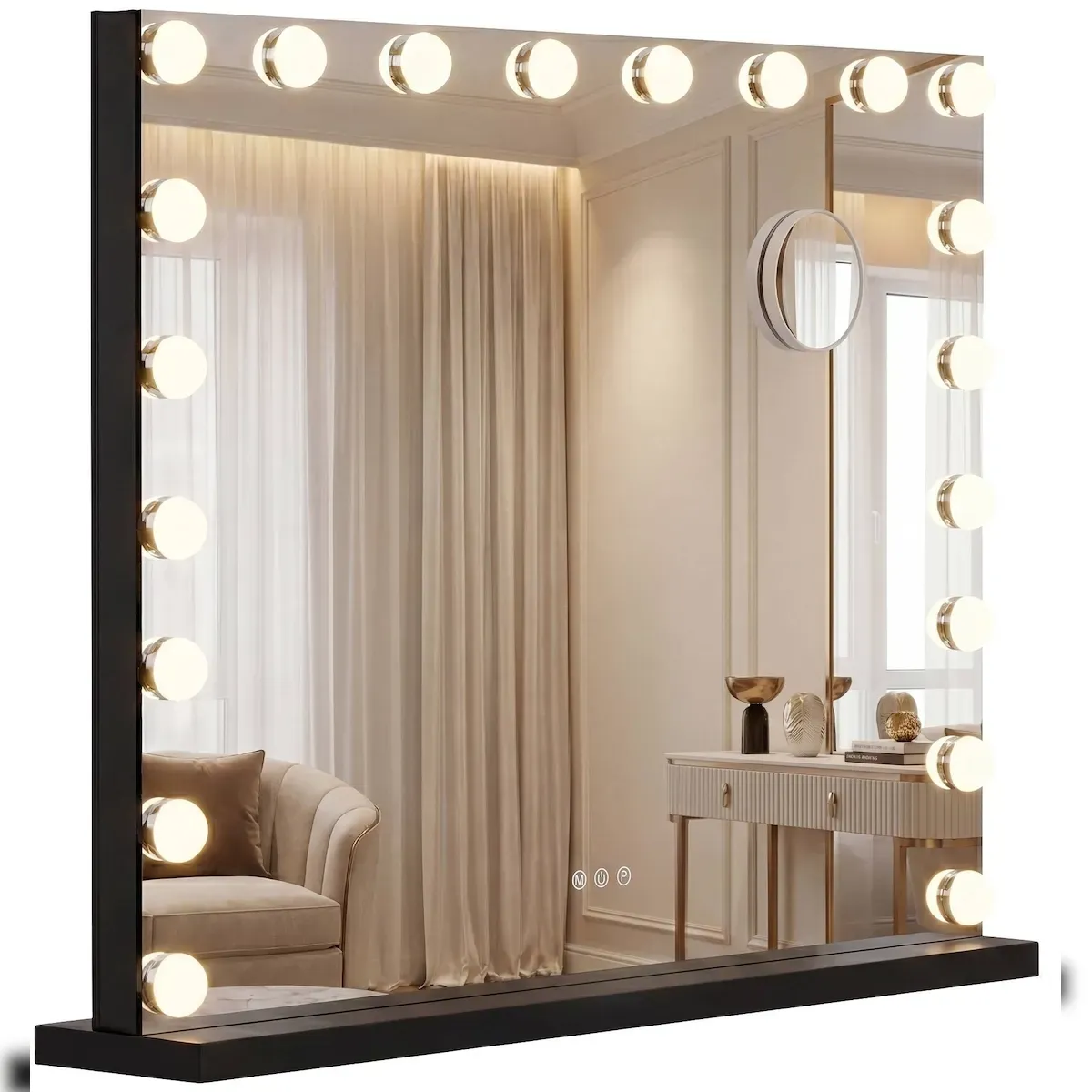 Schminkspiegel mit Beleuchtung 80x60 cm Norlina, Kosmetikspiegel Bluetooth-Lautsprecher USB, Hollywoodspiegel Wandmontage und freistehend,