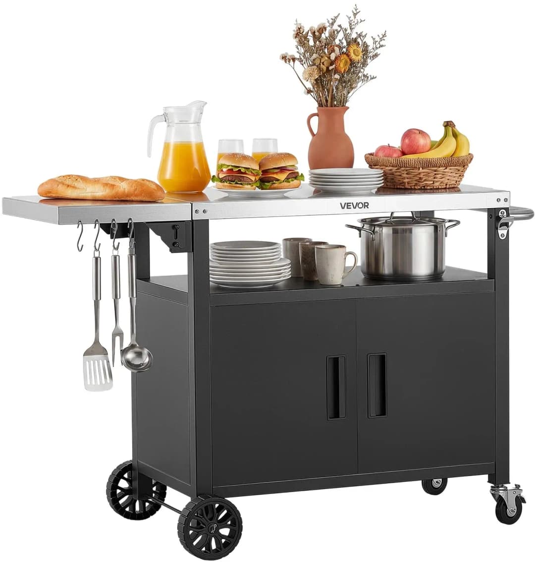 Outdoor-Grillwagen mit Aufbewahrungsschrank, 124 cm Grilltisch mit Edelstahlplatte, Haken, Rollen und Flaschenöffner, Küchenwagen & Servierwagen für Terrasse, Garten, Bar und BBQ-Bereich