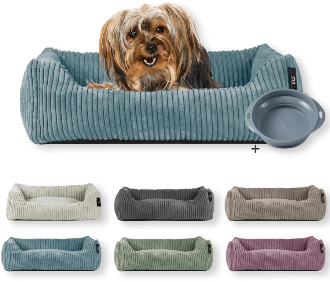 Tierbett Cordstoff breit Gr. 1 taupe + faltbarer Reisenapf