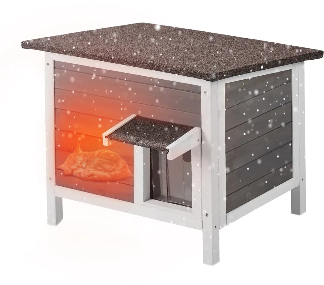 Katzenhaus für draußen, wetterfest, Unterschlupf für Wildkatzen für mehrere Katzen, Katzen-/Kaninchenhaus aus Holz für draußen, rundum schaumisoliert, offenes Dach, Türklappen aus PVC, 61 x 50 x 53 cm (L x B x H)