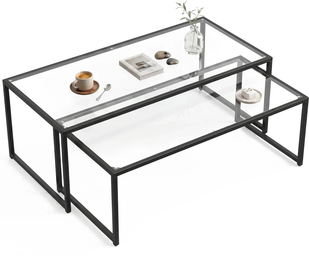 Couchtisch 2er-Set Beistelltisch, Kaffeetisch, Satztisch, Glastisch Stahl