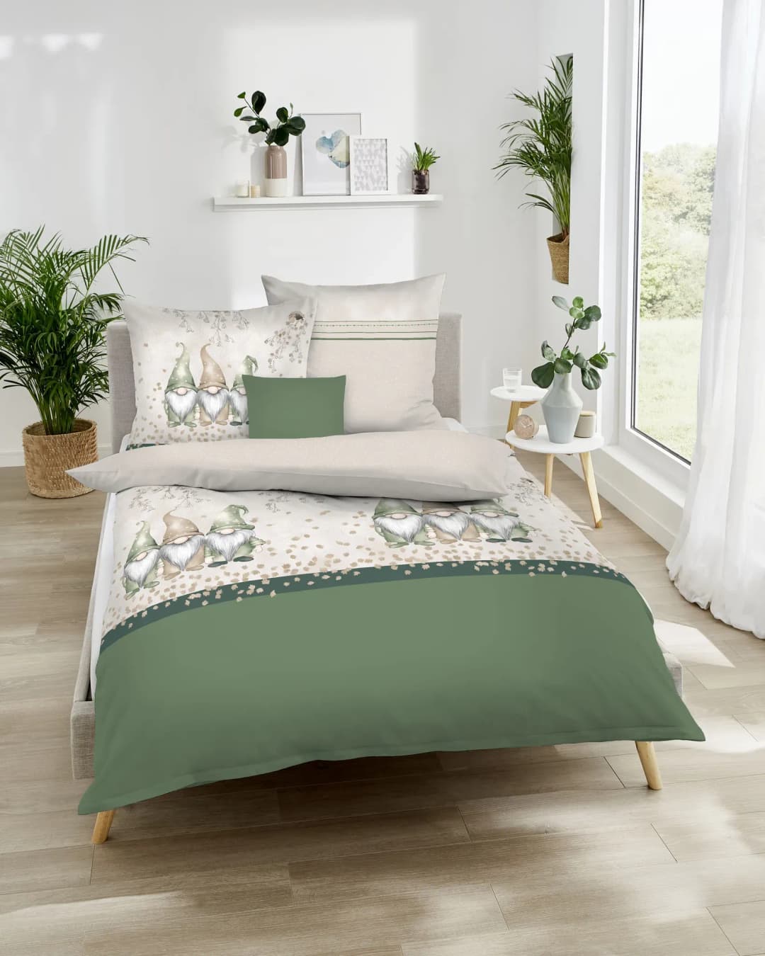 Wichtelkumpel Mit Wichtel Baumwolle Oliv 155 x 220 cm + 80 x 80 cm