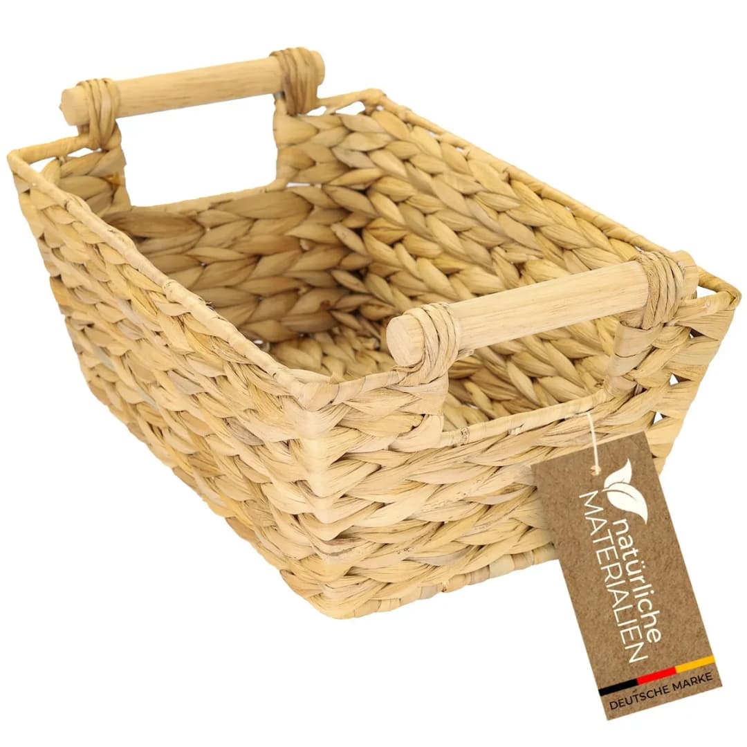 Aufbewahrungskorb geflochten aus Wasserhyazinthe mit Holzgriffen 30 x 20 x 12 cm beige