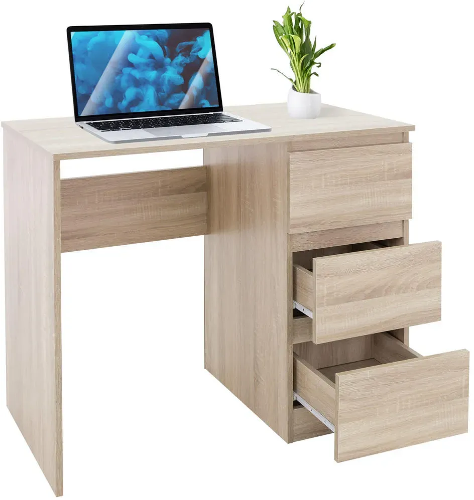 Schreibtisch mit 3 Schubladen, 90x76x50 cm, in Sonoma-Eiche viel Stauraum, modern, Arbeitstisch Bürotisch Computertisch Büromöbel Kinderschreibtisch Laptoptisch PC Tisch, für Heim/Büro - Naturbelassen
