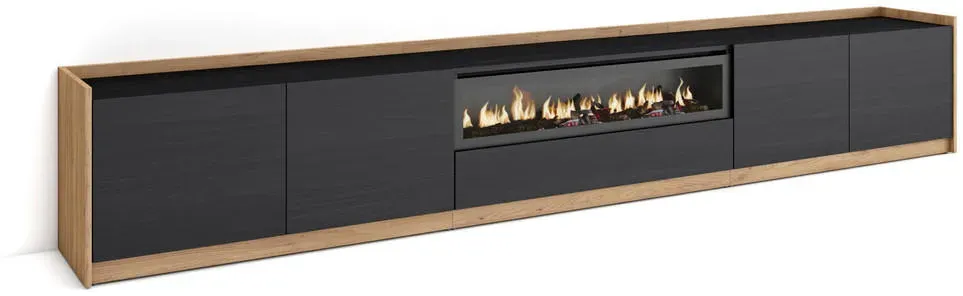 Lowboard 310x50 cm Schwarz Eiche Holzwerkstoff