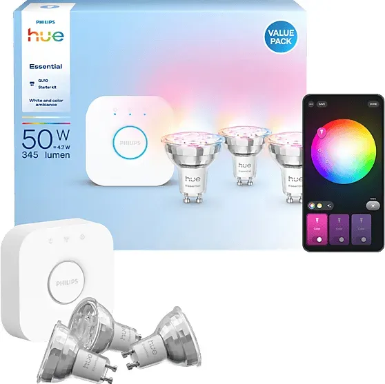 Hue Essential Starter Kit Bridge + 3 GU10 smarte Lampen RGB
