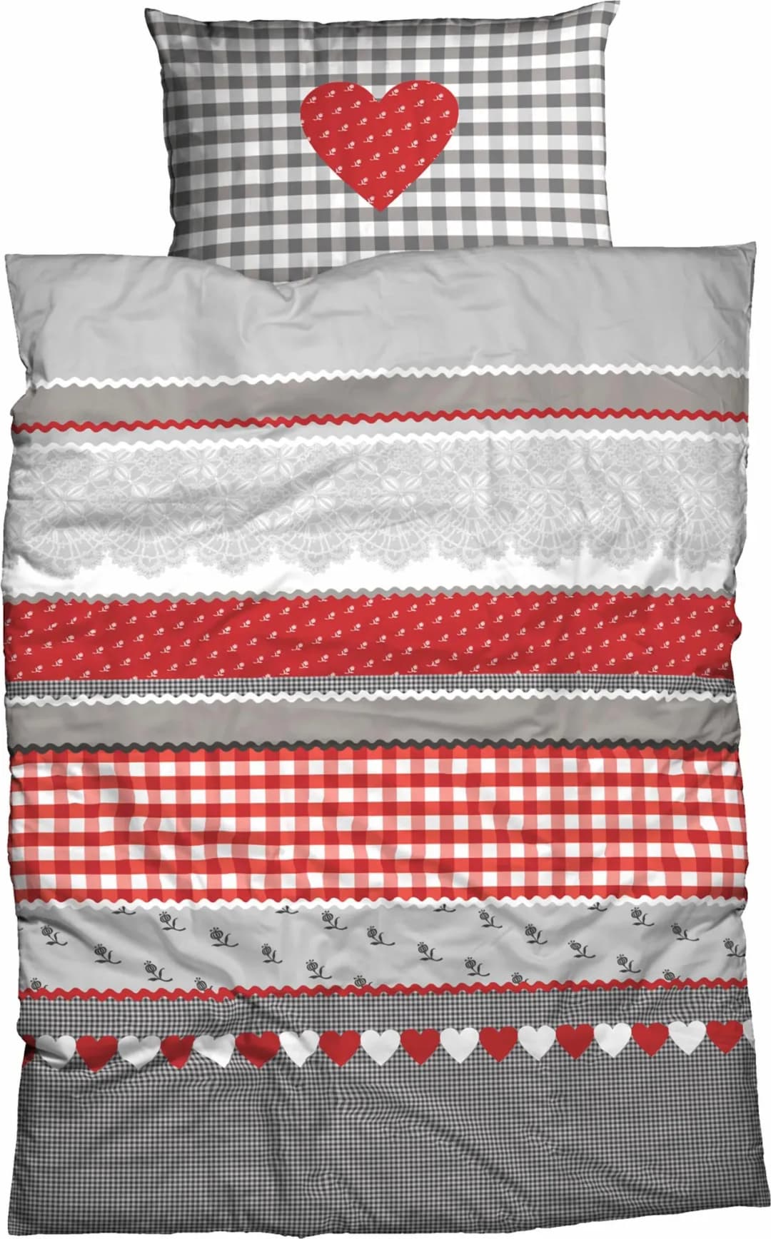Herz-Karo Renforcé grau/rot 135 x 200 + 80 x 80 cm