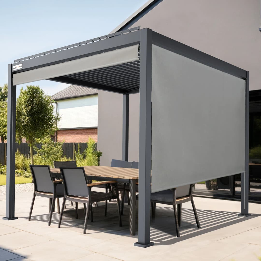 Außenrollo für Pergola mit Lamellendach | 3 m, Funkmotor, rechts, Acryl, grau/schwarz