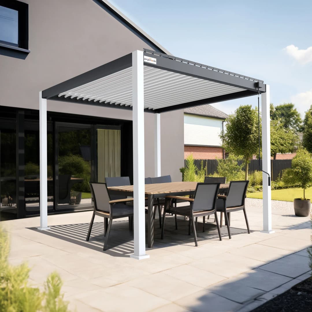 pergomondo Pergola mit Lamellendach | 3 x 3 m, weiß / anthrazit / weiß