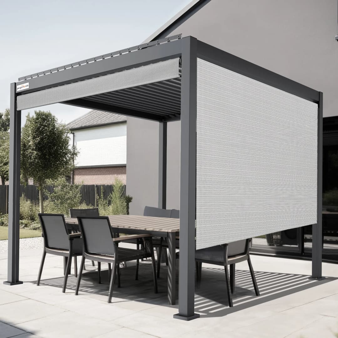 Außenrollo für Pergola mit Lamellendach | 3 m, Funkmotor, rechts, Screen, weiß/schwarz