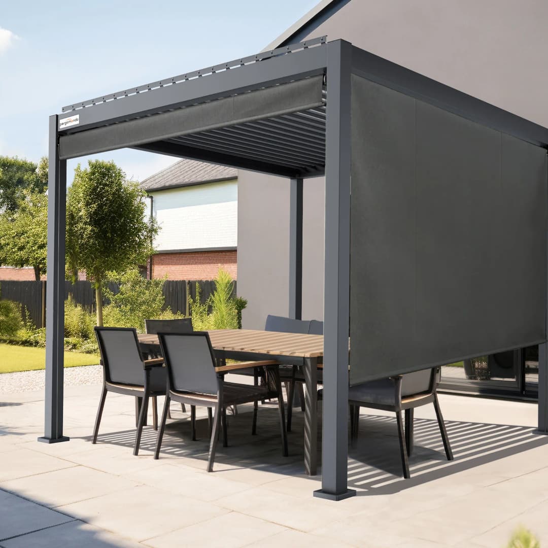 Außenrollo für Pergola mit Lamellendach | 3 m, Funkmotor, rechts, Acryl, dunkelgrau/schwarz