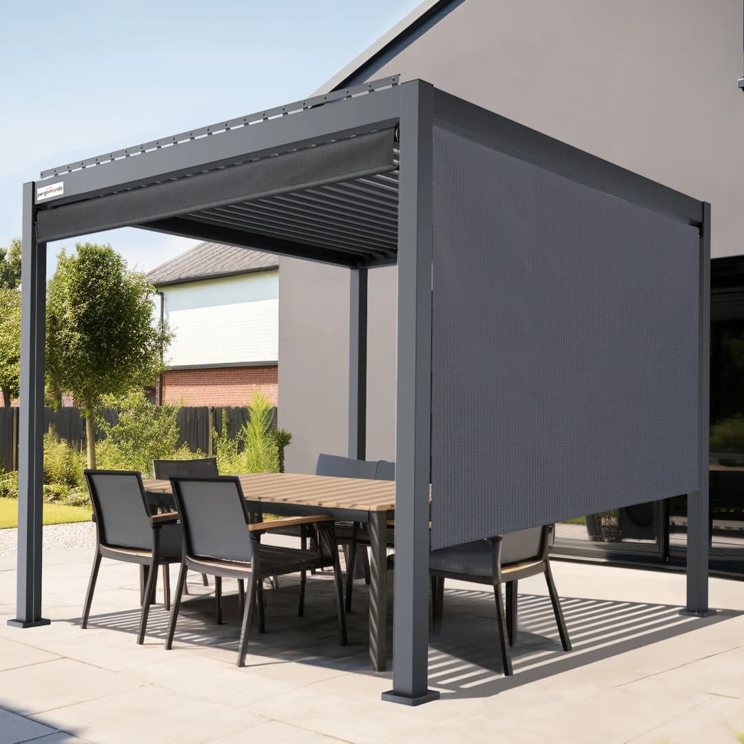 Außenrollo für Pergola mit Lamellendach | 3 m, Funkmotor, rechts, Screen, anthrazit/weiß