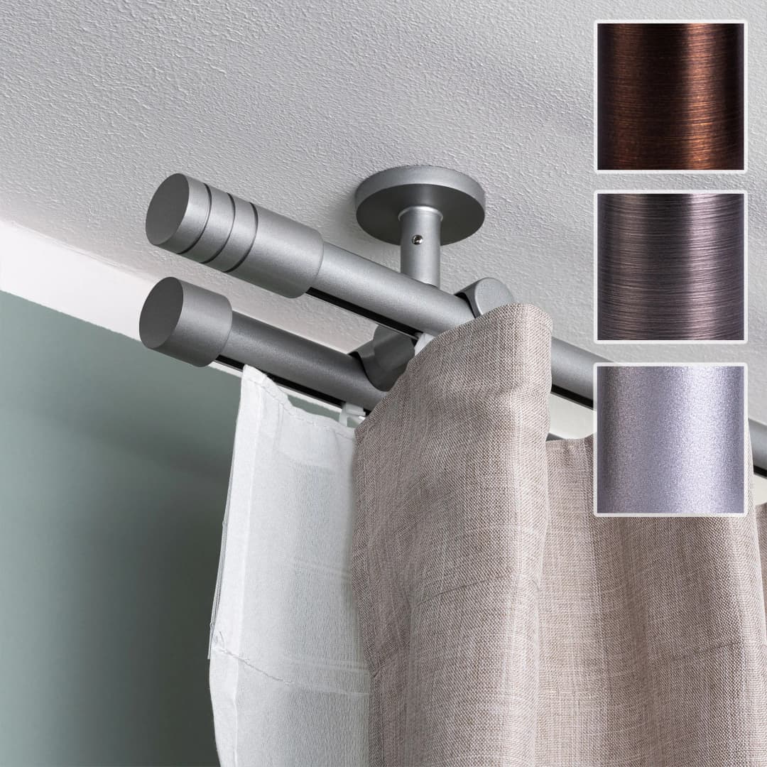 Gardinenstange Set Innenlauf | 2-läufig, ⌀ 19 mm, 400 cm, silber + Decke, Kappe, Gleiter
