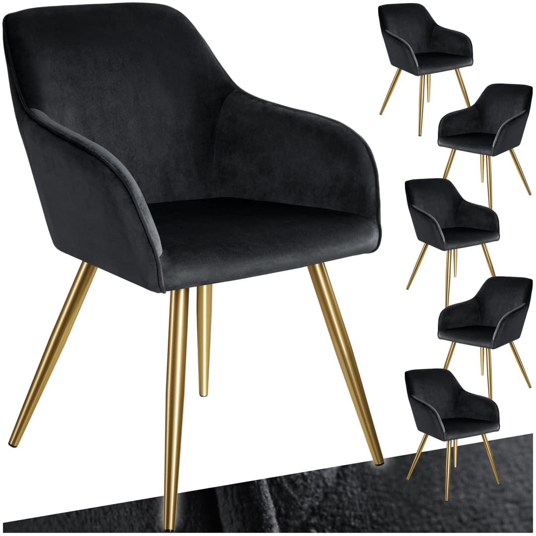 Esszimmerstuhl Marilyn Samtoptik, goldene Stuhlbeine - schwarz/gold, 6er Set
