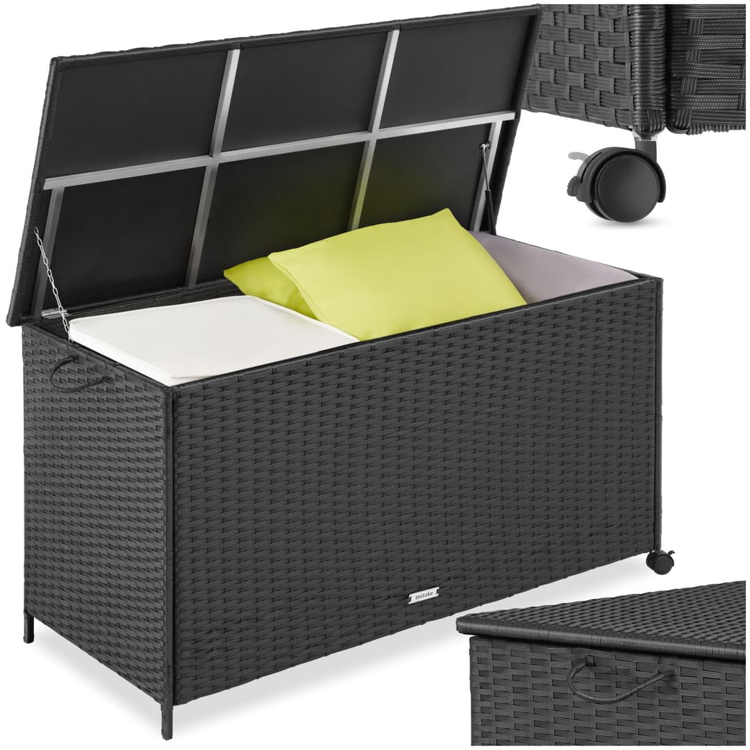 Auflagenbox Kuusamo, Rattan, mit Aluminiumgestell und Rollen - schwarz