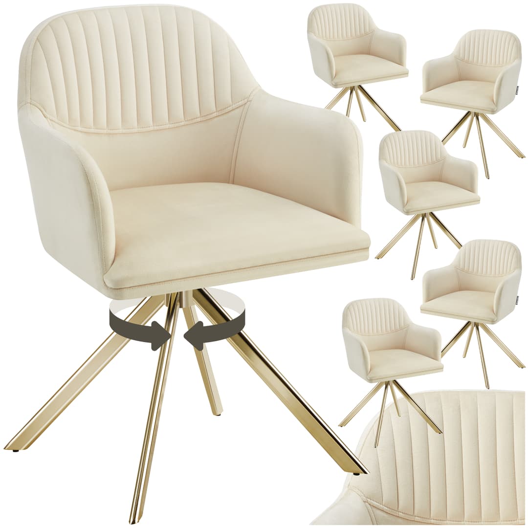 Samt-Drehstuhl Lona mit dicker Polsterung - creme/gold, 6er Set