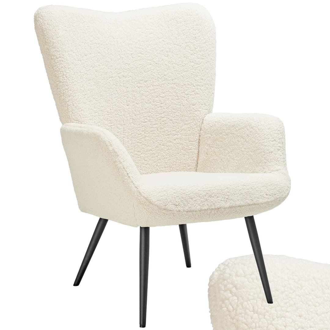Sessel Hygge gepolstert, ergonomisch, Belastbarkeit 150 kg - ohne Hocker, Bouclé creme/schwarz