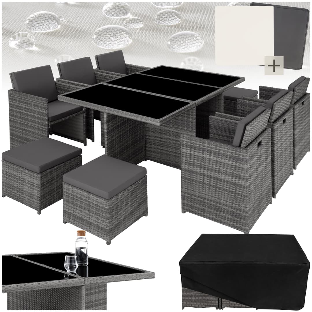 Aluminium Rattan Sitzgruppe New York 6+4+1 mit Schutzhülle - grau