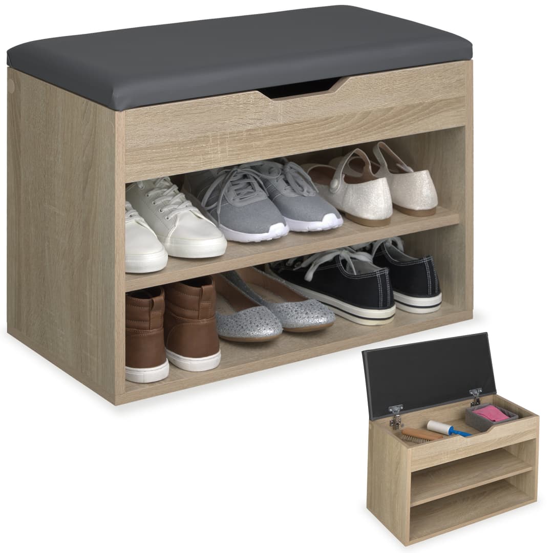 Schuhbank Jasmina mit Sitzpolster 60x30x43,5cm - Holz hell, Eiche Sonoma