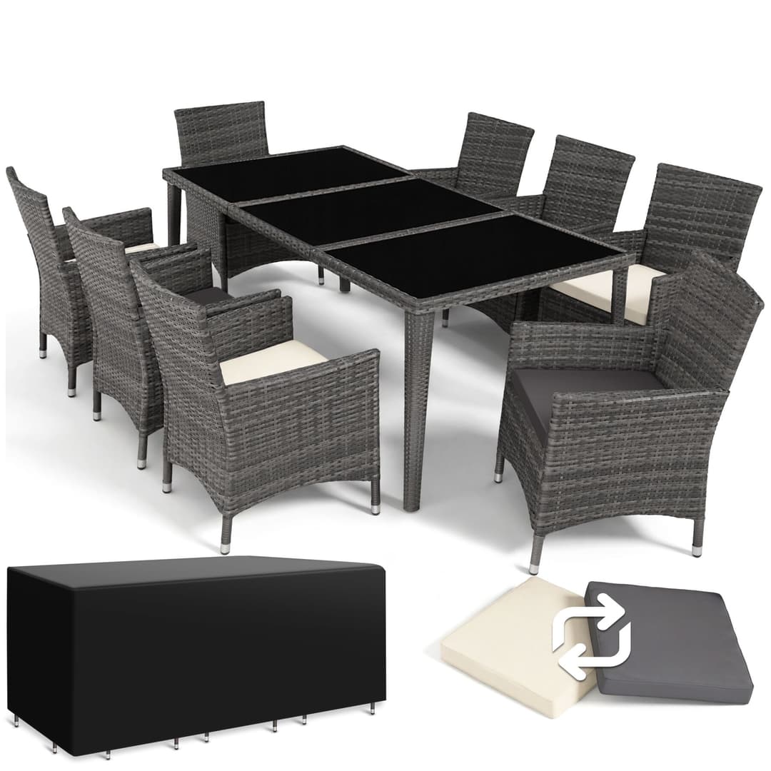 Aluminium Rattan Sitzgruppe Menorca 8+1 mit Schutzhülle - grau