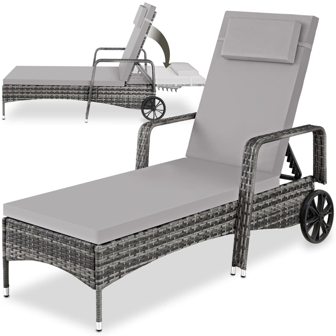 Sonnenliege Rattan mit Rollen - grau/hellgrau