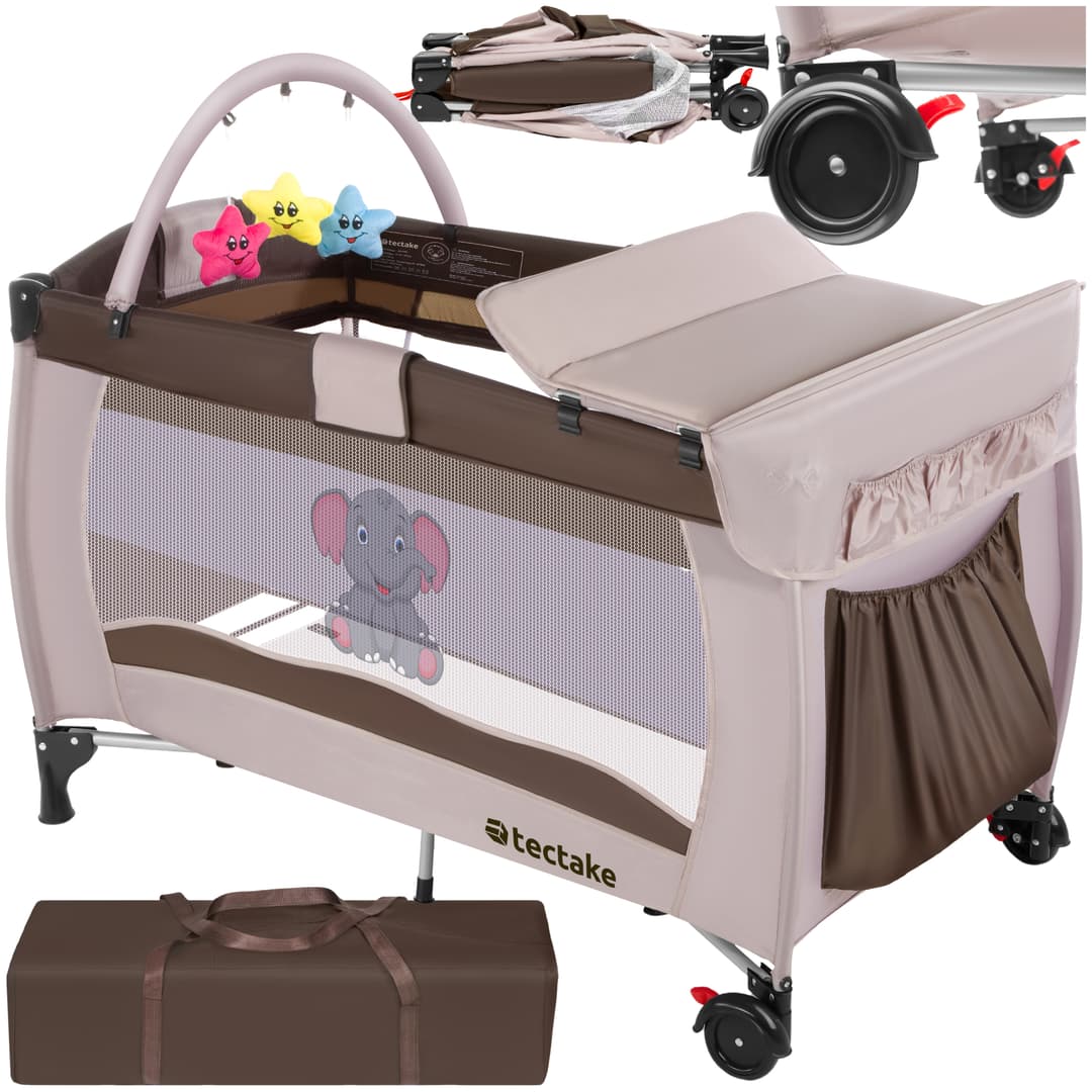 Kinderreisebett Elefant 132x75x104cm mit Wickelauflage und Transporttasche - braun