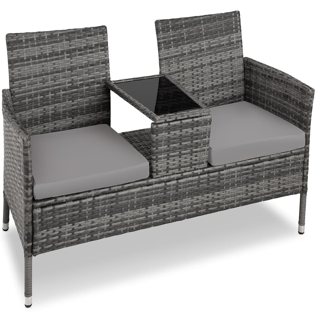 Rattan Gartensitzbank mit Tisch - grau/hellgrau