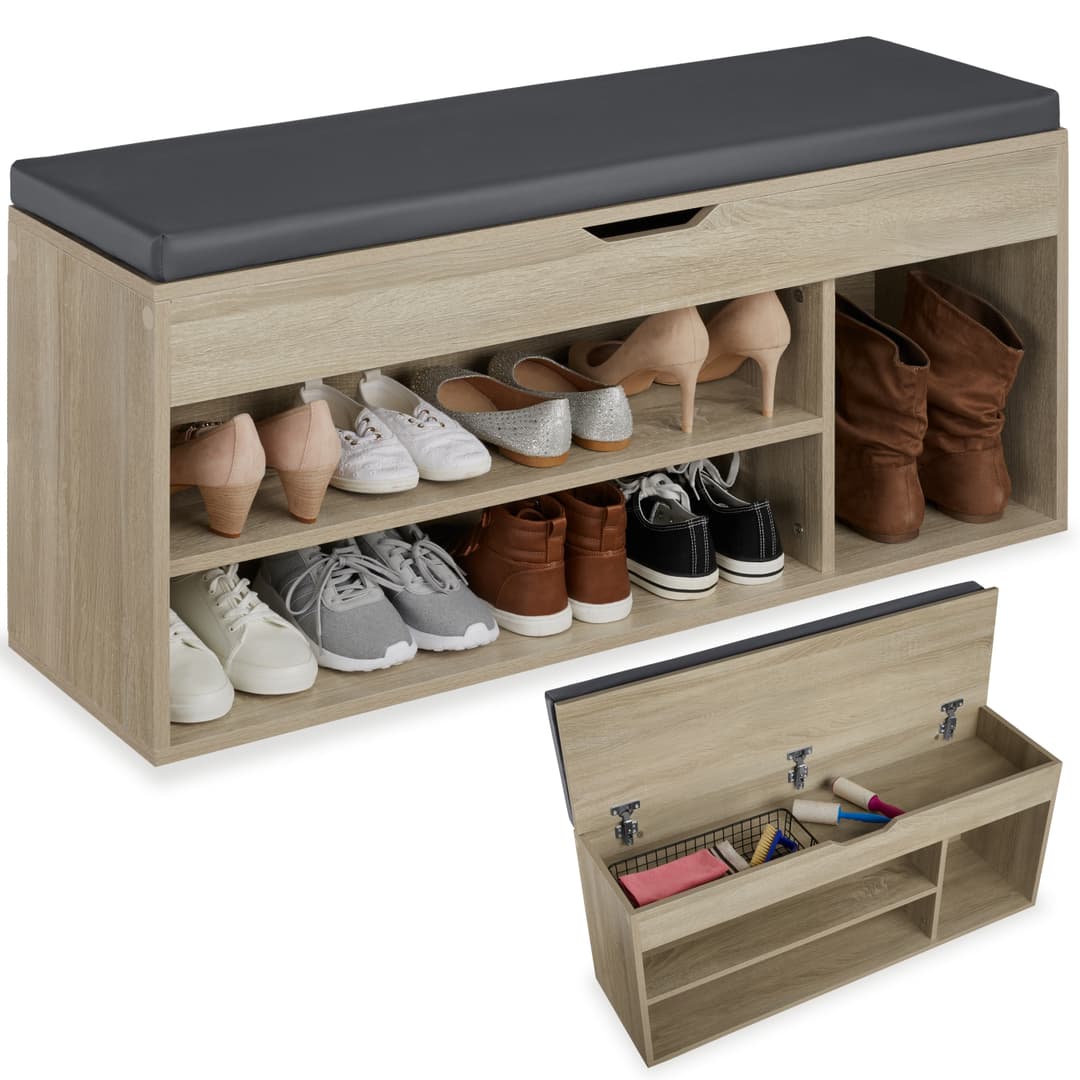 Schuhbank Natalya mit Sitzpolster 104x30x49cm - Holz hell, Eiche Sonoma