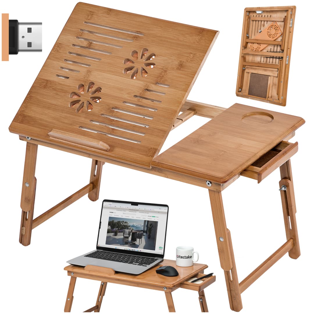 Laptoptisch aus Holz, höhenverstellbar, mit USB-Doppellüfter - braun