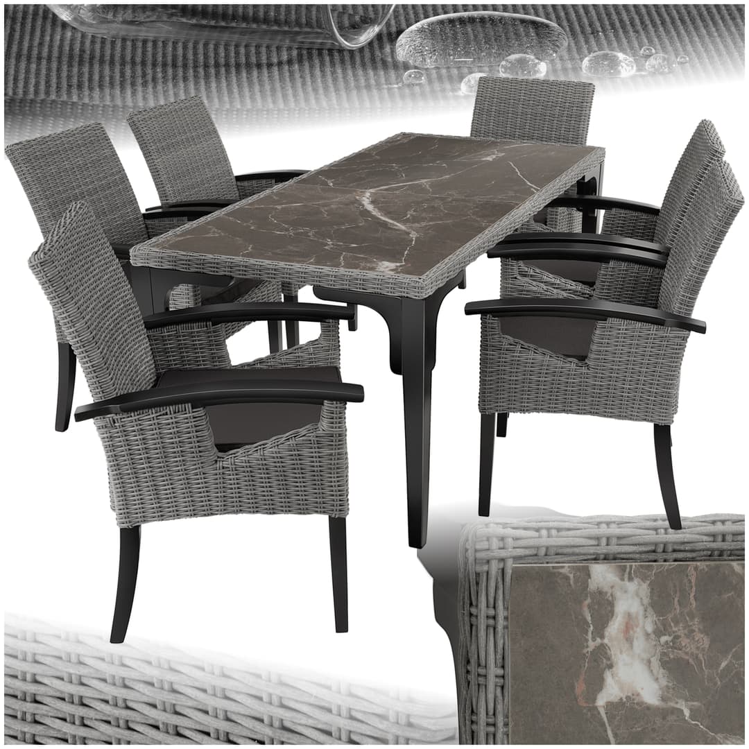Rattan Tisch Foggia mit 6 Stühlen Rosarno - grau