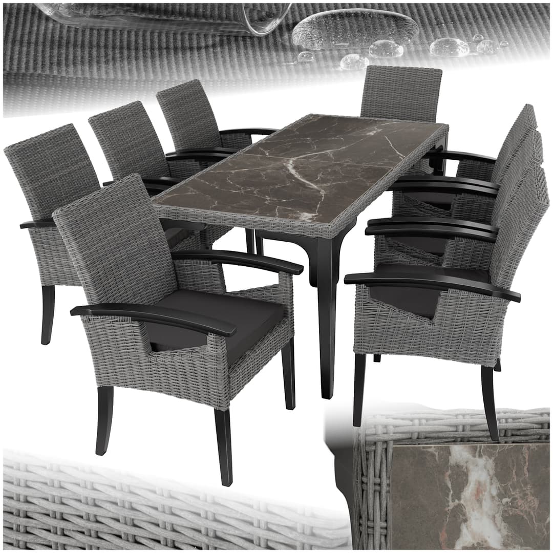 Rattan Tisch Foggia mit 8 Stühlen Rosarno - grau