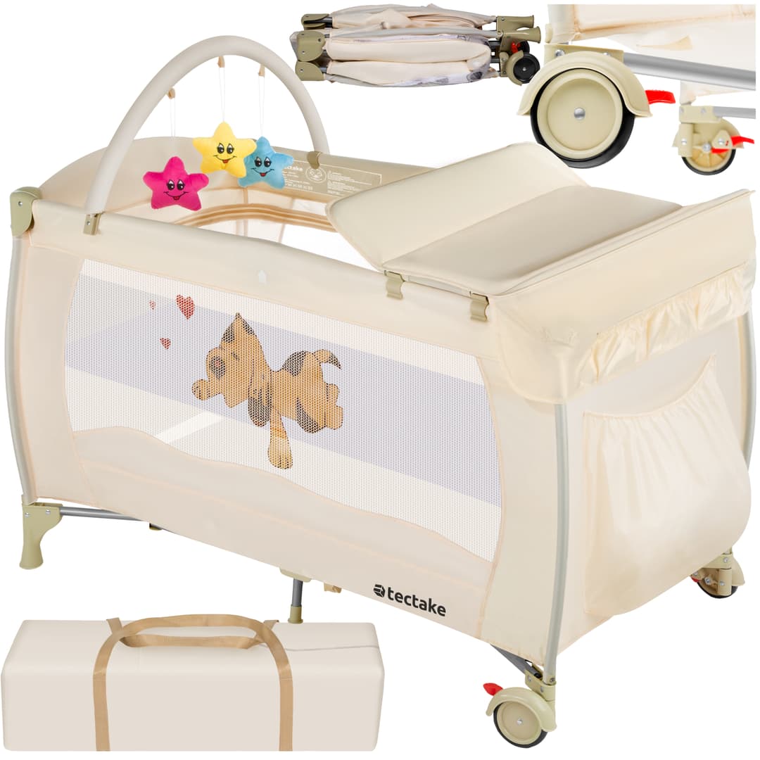 Kinderreisebett Hund 132x75x104cm mit Wickelauflage und Transporttasche - beige