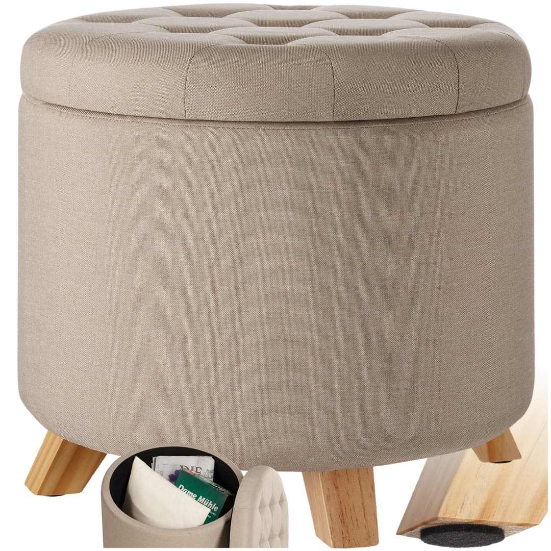 Sitzhocker Suna in Leinenoptik 150kg mit Stauraum - Sand