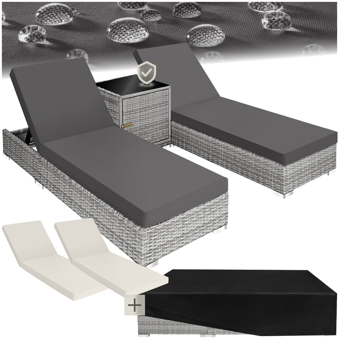 2 Sonnenliegen Rattan mit Aluminiumgestell und Tisch inkl. Schutzhülle - hellgrau