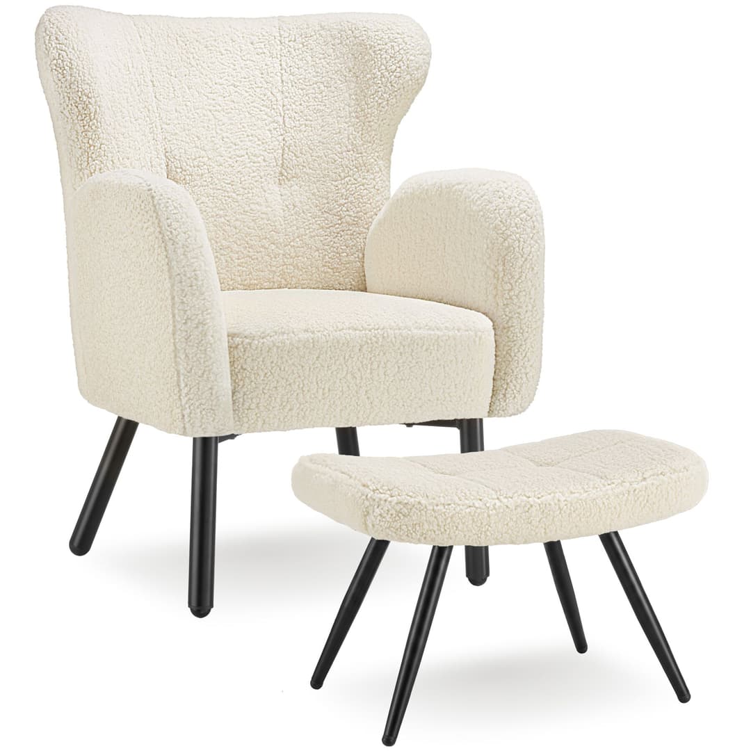 Sessel mit Hocker Vänersborg Bouclé, dick gepolstert - Bouclé creme/schwarz