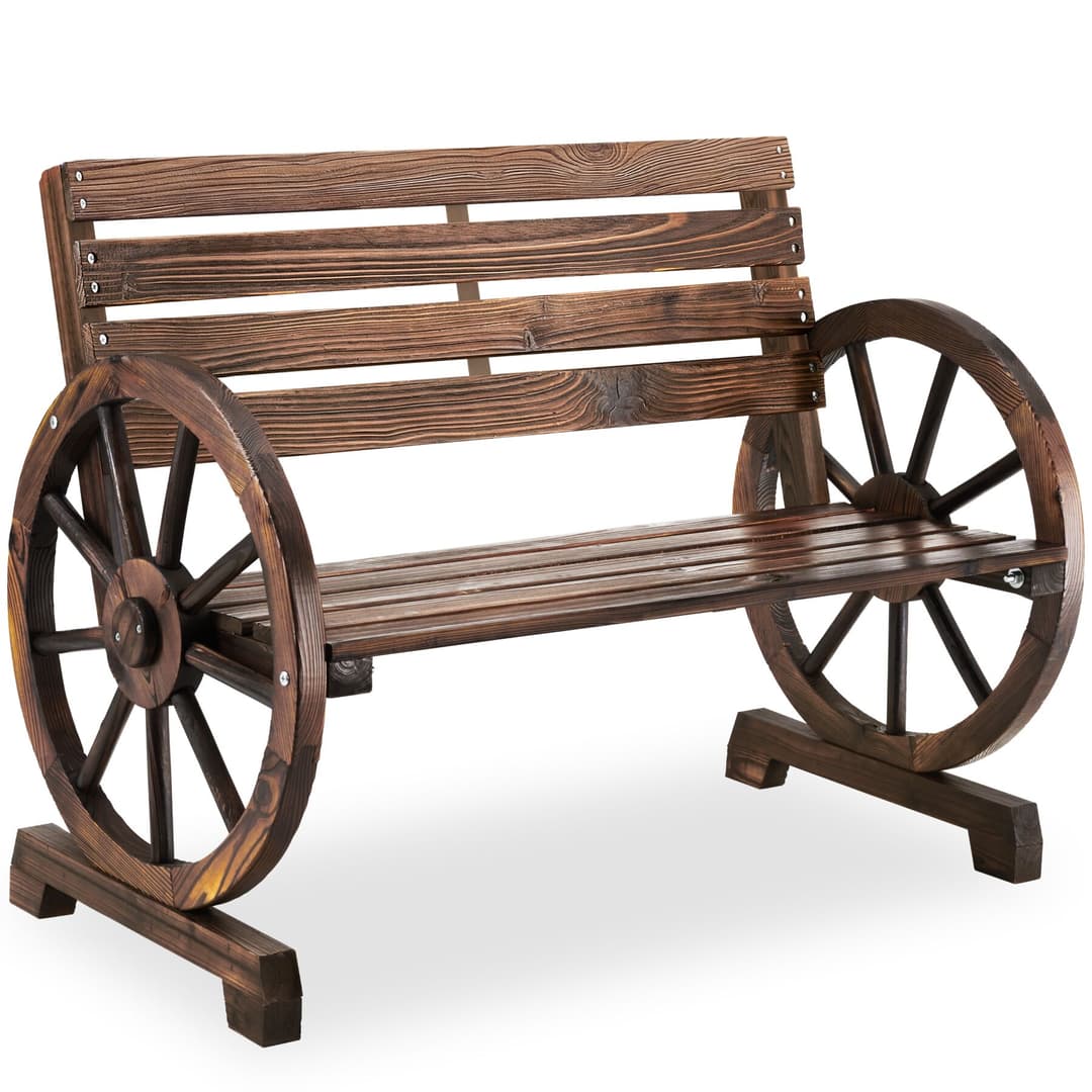 Gartenbank Howdy, Wagenraddesign, geflammtes Massivholz - braun