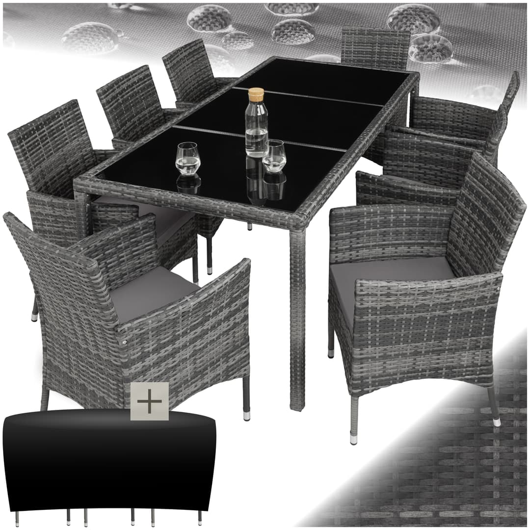 Rattan Sitzgruppe 8+1 mit Schutzhülle - grau-meliert/grau