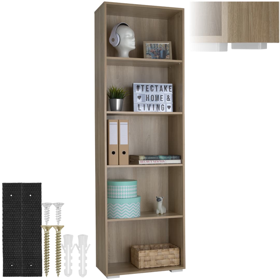 Bücherregal Lexi 5 Fächer 60x30x190cm - Holz hell, Eiche Sonoma