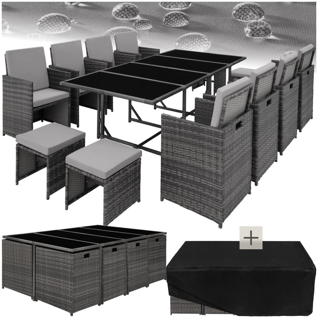 Rattan Sitzgruppe Palma 8+4+1 mit Schutzhülle - grau/hellgrau