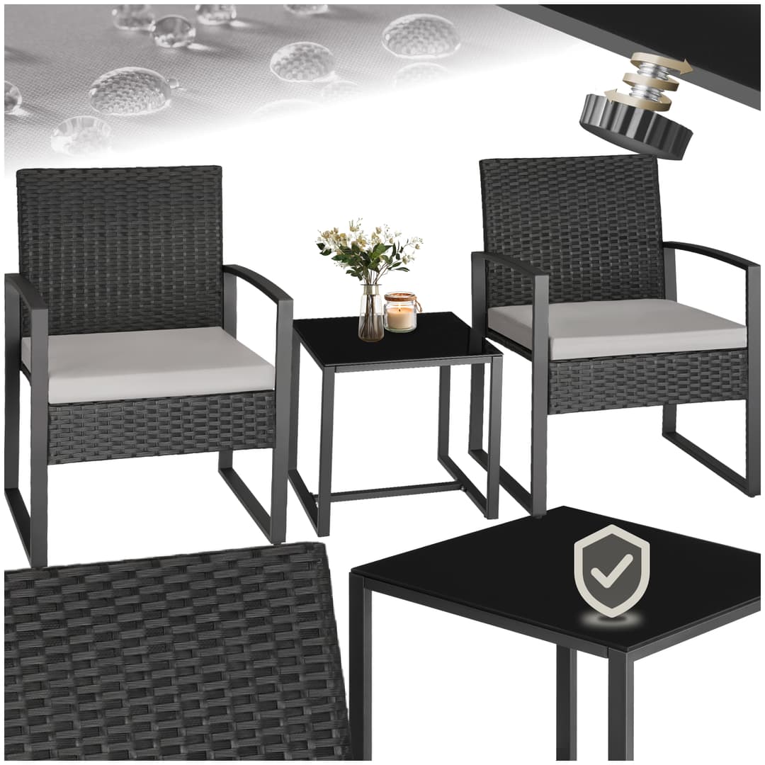 Rattan Sitzgruppe Granada mit Tisch für 2 Personen schwarz - hellgrau/schwarz