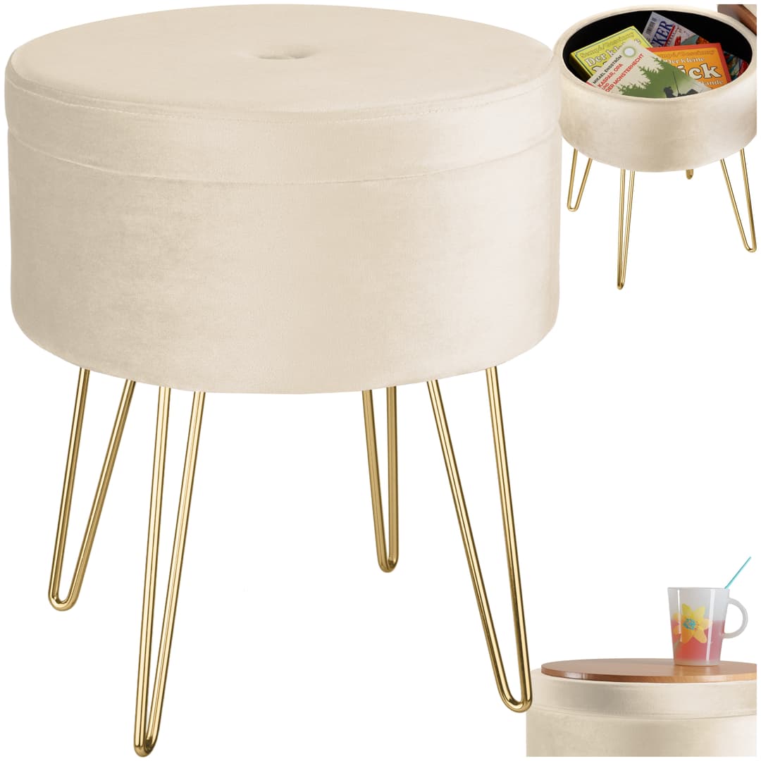 Sitzhocker Ava gepolstert in Samtoptik 300kg mit Stauraum - creme