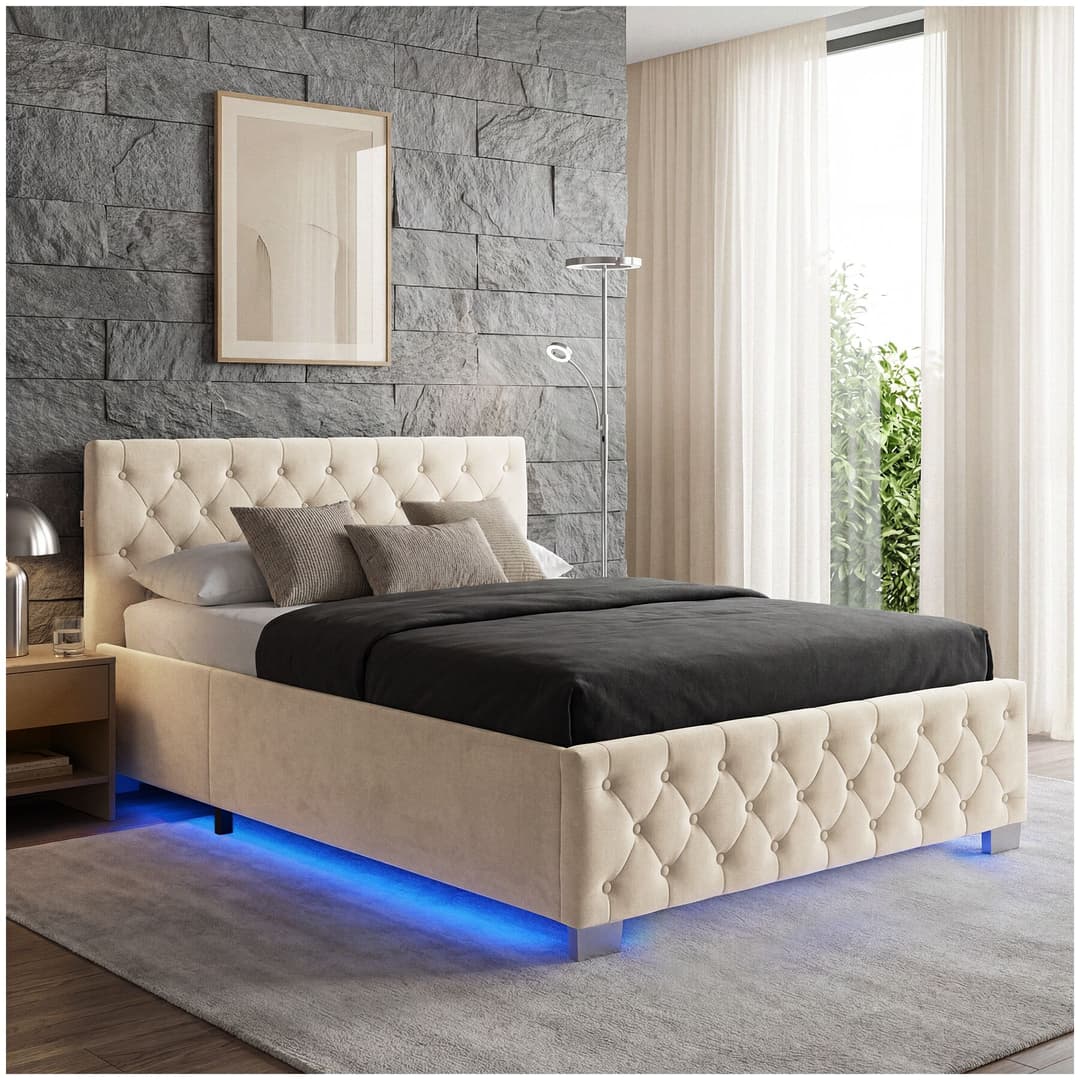 Polsterbett mit LED-Leisten & Stauraum - Samtoptik sand