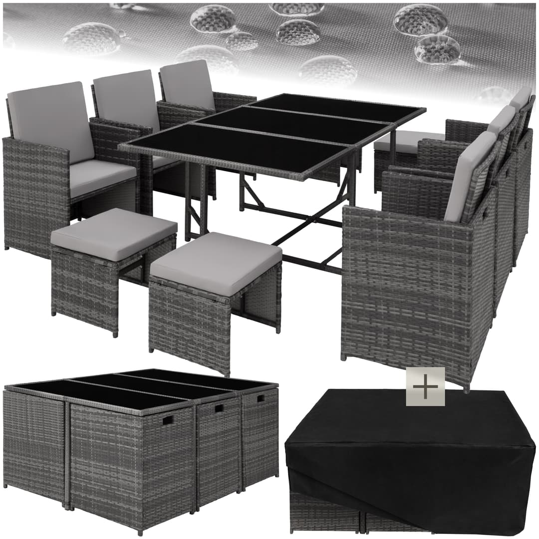 Rattan Sitzgruppe Malaga 6+4+1 mit Schutzhülle - grau
