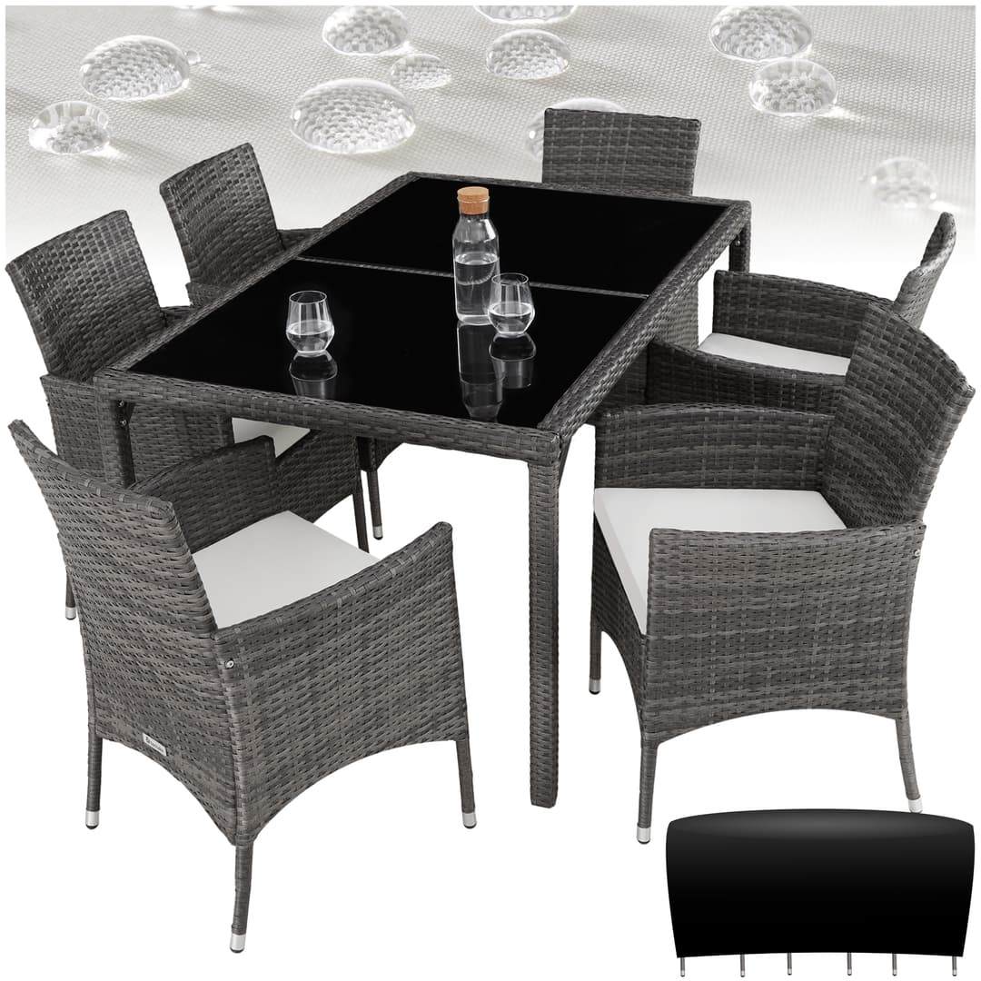Rattan Sitzgruppe Porto 6+1 mit Schutzhülle - grau/weiß
