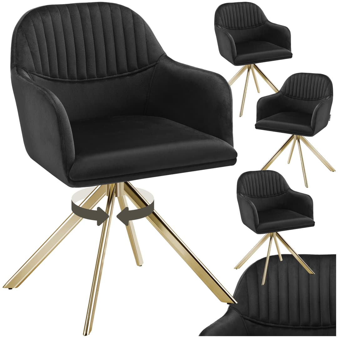 Samt-Drehstuhl Lona mit dicker Polsterung - schwarz/gold, 4er Set