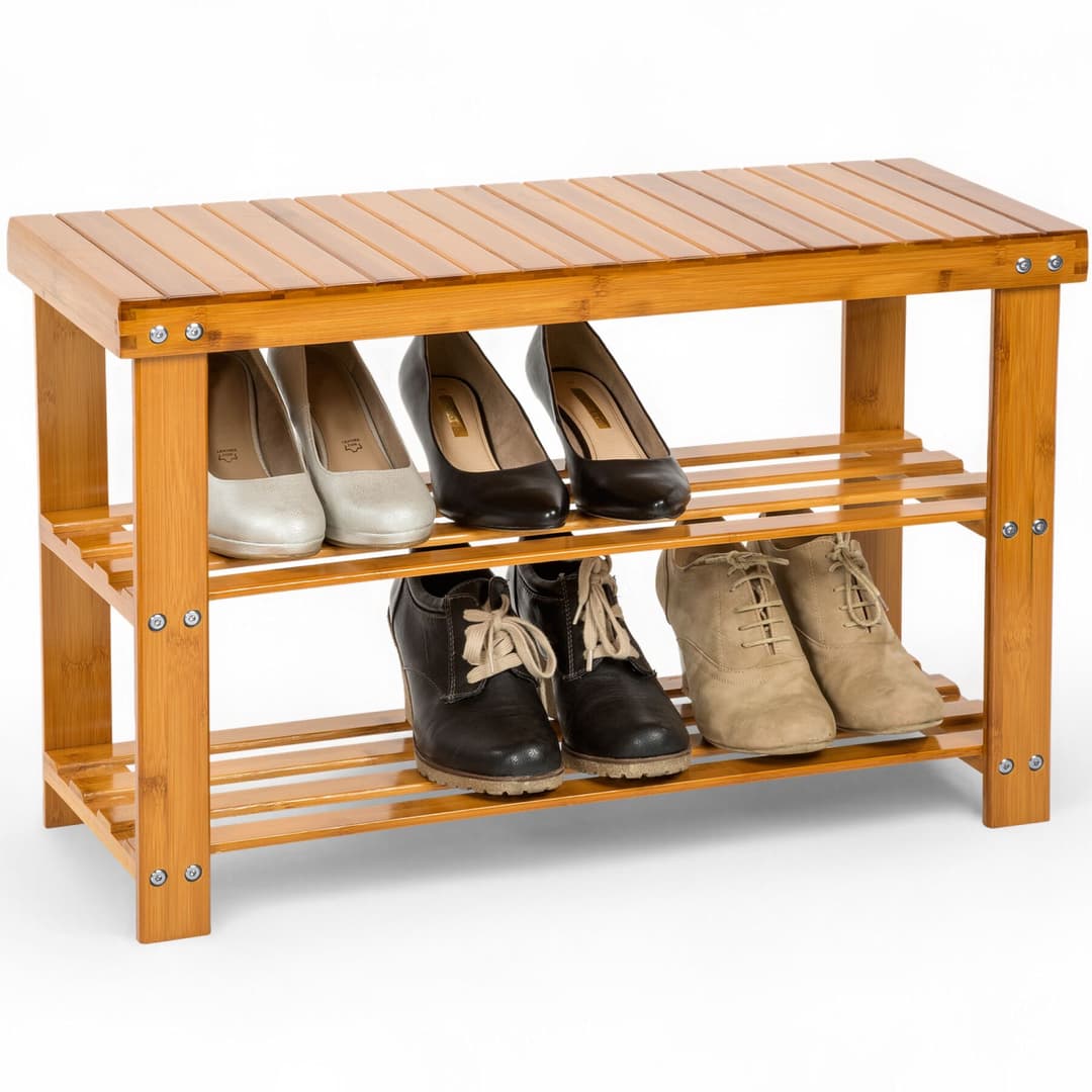 Bambus Schuhbank mit 2 Ebenen und Sitzbank 70x28x45,5cm - braun