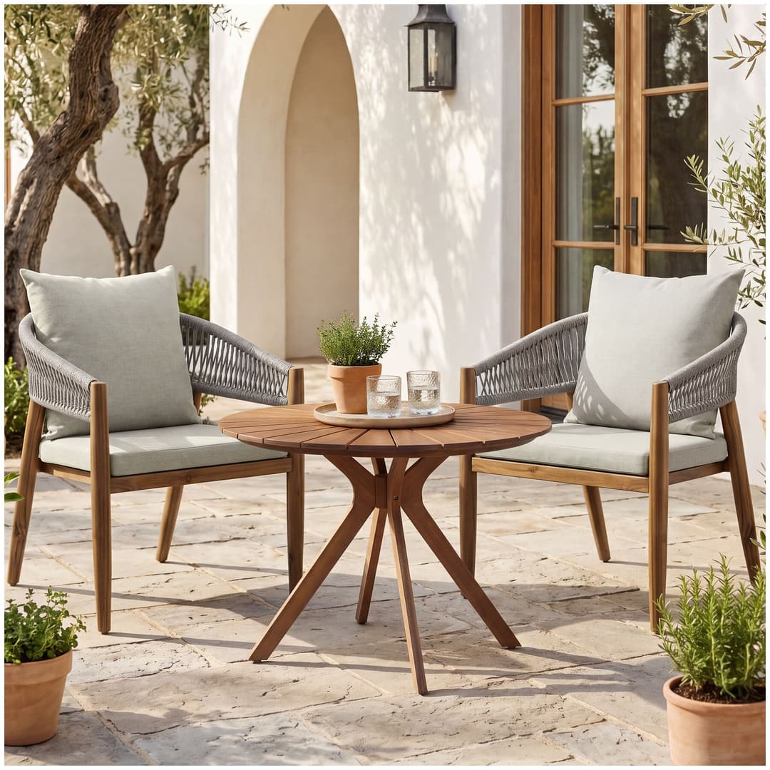 Gartenset aus Tisch mit 2 Stühlen, wetterfest, Akazienholz - greige
