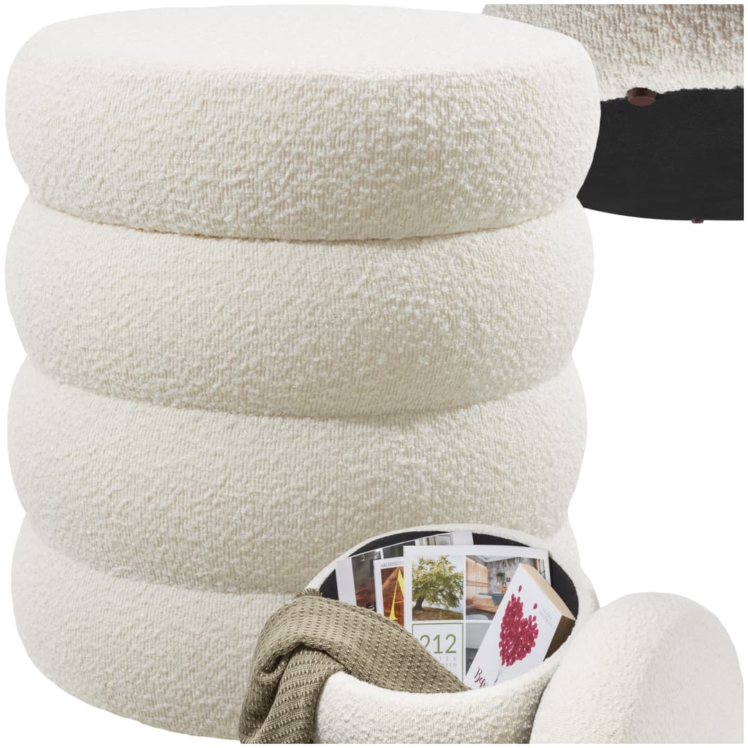Sitzhocker Altu, gepolstert, Stauraum - Bouclé creme-weiß